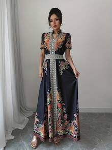 Vestido de Manga Corta con Estampado Floral y Cintura Ajustada al estilo Bohemio - Negro - Ver 5