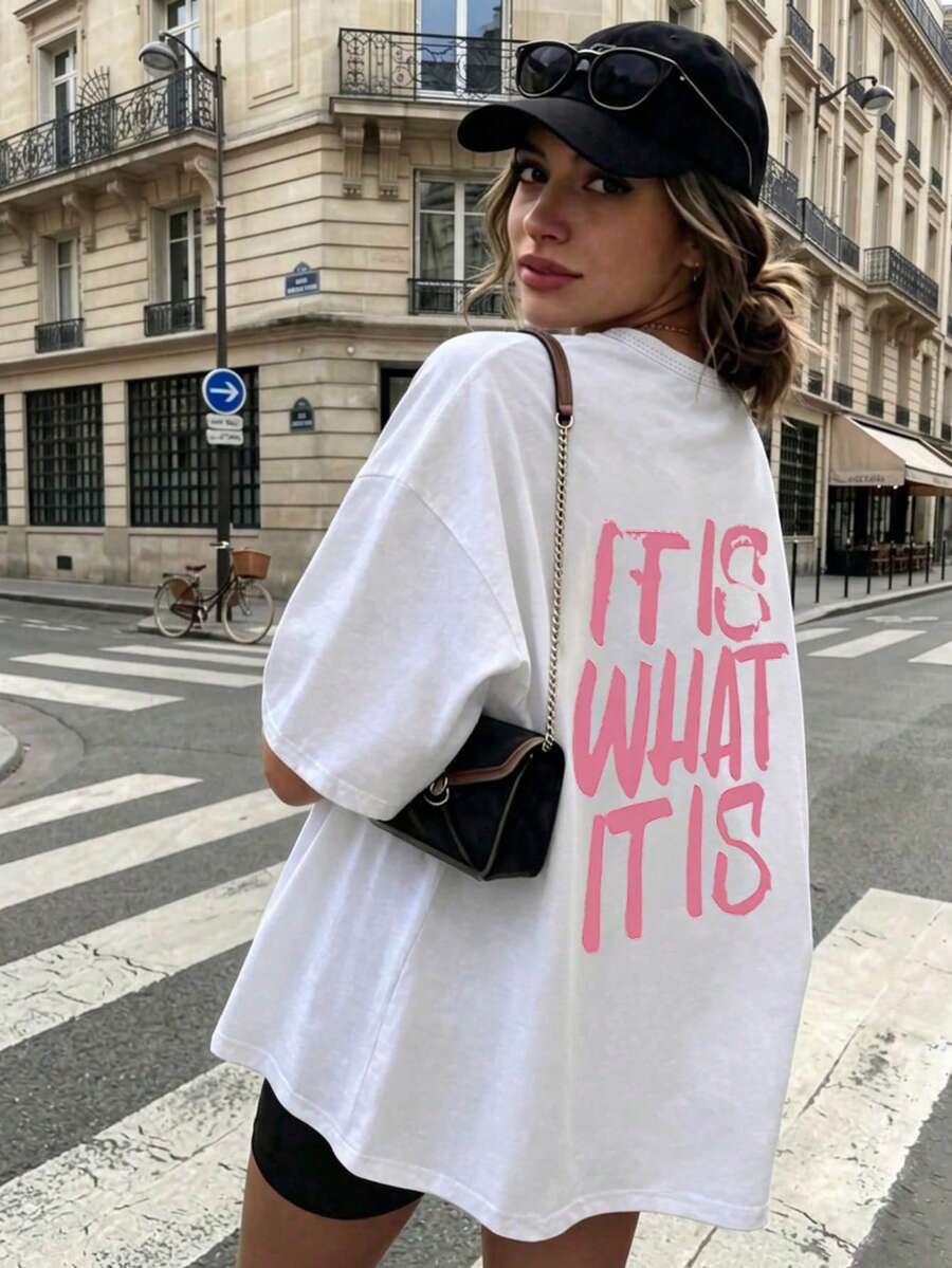 Maglietta casual da donna taglie forti | Stampa di lettere "È quello che è", girocollo casual a maniche corte, maglietta da donna, abbigliamento estivo taglie forti, bianco - Bianco - Visualizzare 1