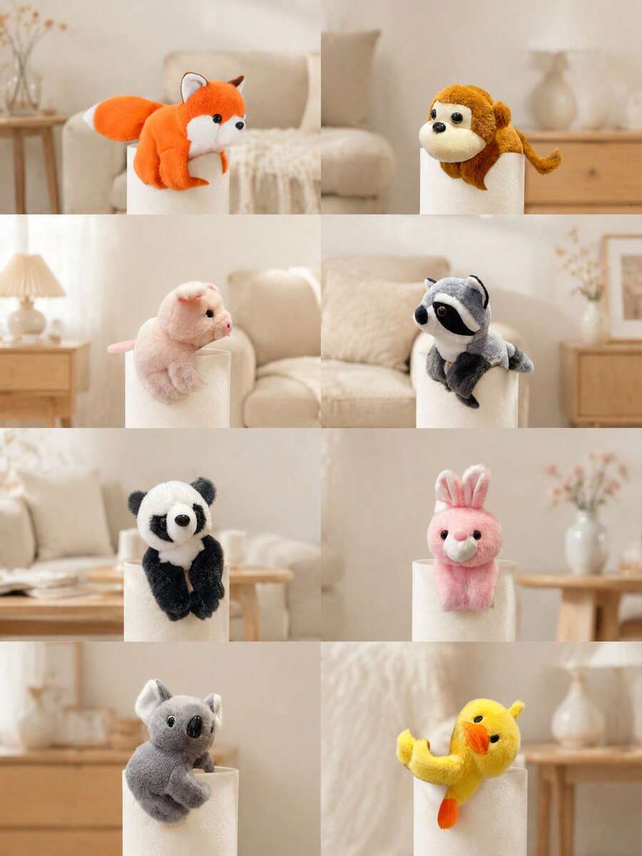 可爱动物毛绒玩具套装，包含狐狸、考拉、熊猫、猪、鸭子、浣熊、猴子和兔子，配有拍手环，创意设计，可佩戴在手腕上，新颖的圣诞节和新年礼物，适合作为玩偶、圣诞礼物或趣味毛绒玩具。