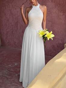 Daleeva Women's Solid Color Halter Neck Long Dress, Lace Top With Chiffon Skirt, Suitable For Vacation And Evening Occasions Elegant - White - View 7