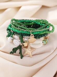 Set de 6 piezas de pulseras multicapa con cuentas de piedras naturales, perlas, coral, conchas y estrellas de mar de estilo bohemio y oceánico, adecuado para uso diario y vacaciones en la playa - Conjunto de estrellas de mar de coral - Ver 2