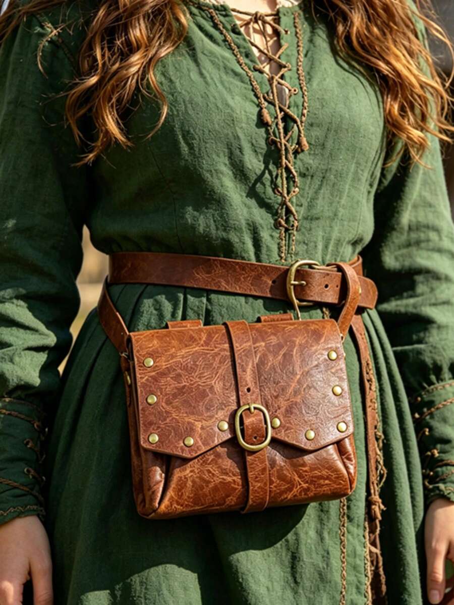 Vintage Medieval PU Leather Waist Bag, Steampunk Hanging Pouch, Outdoor Belt-Style Coin Storage Bag,Halloween - A - View 1