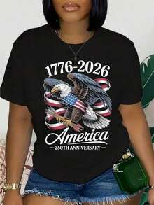 1 pieza Camiseta de Celebración del Día de la Independencia Patriótica con Diseño de Águila, Edición 250 Aniversario, lista para usar en la playa. Es un regalo perfecto para amigos y familia - Negro - Ver 1