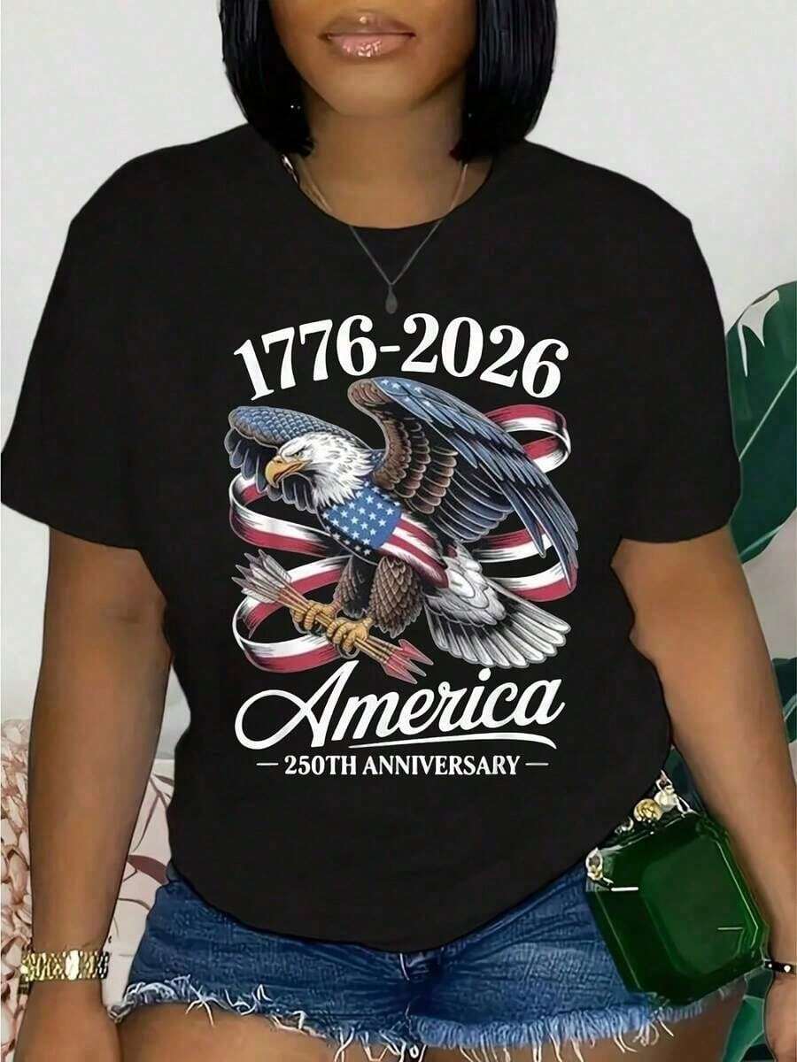 1 pieza Camiseta de Celebración del Día de la Independencia Patriótica con Diseño de Águila, Edición 250 Aniversario, lista para usar en la playa. Es un regalo perfecto para amigos y familia - Negro - Ver 1