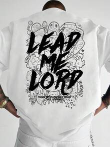 ¡Camiseta casual para hombre de estilo europeo y americano a la moda! Presenta el texto artístico de graffiti LEAD ME LORD junto con frases inspiradoras y elementos de fondo de graffiti im - Blanco - Ver 1
