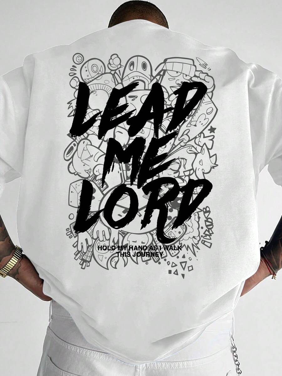 ¡Camiseta casual para hombre de estilo europeo y americano a la moda! Presenta el texto artístico de graffiti LEAD ME LORD junto con frases inspiradoras y elementos de fondo de graffiti im - Blanco - Ver 1