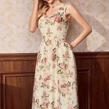 Vestido elegante vintage de mujer con bolsillos, vestido con estampado floral, cuello en forma de corazón, vestido casual de vacaciones - Amarillo - Ver 7