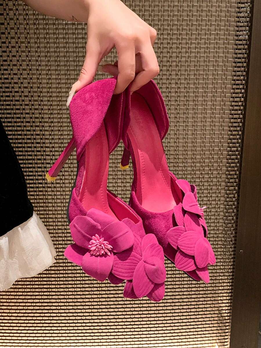 2026 Spring/Summer New Red Floral Hollow High Heel Shoes For Women, Versatile European And American Style Stiletto Pointed Toe Pumps For Commuting - Hot Pink - View 1