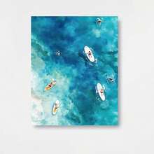 Póster de lienzo plano 2D, 1 pieza sin marco, pintura en lienzo de surf y paddleboarding bajo un mar y cielo azules, adecuado para decoración del hogar, jardín, casa de campo y baño, decoración de pared, colgante de pared duradero para el hogar, regalo festivo - Enmarcado - Ver 1