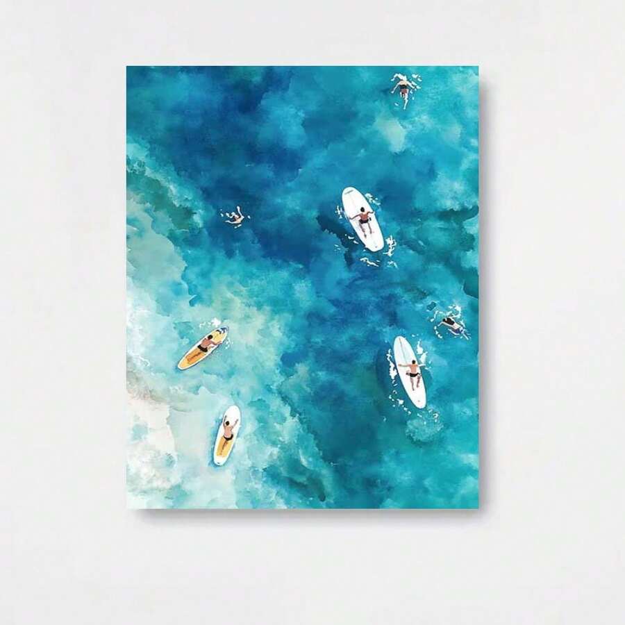 Póster de lienzo plano 2D, 1 pieza sin marco, pintura en lienzo de surf y paddleboarding bajo un mar y cielo azules, adecuado para decoración del hogar, jardín, casa de campo y baño, decoración de pared, colgante de pared duradero para el hogar, regalo festivo - Enmarcado - Ver 1