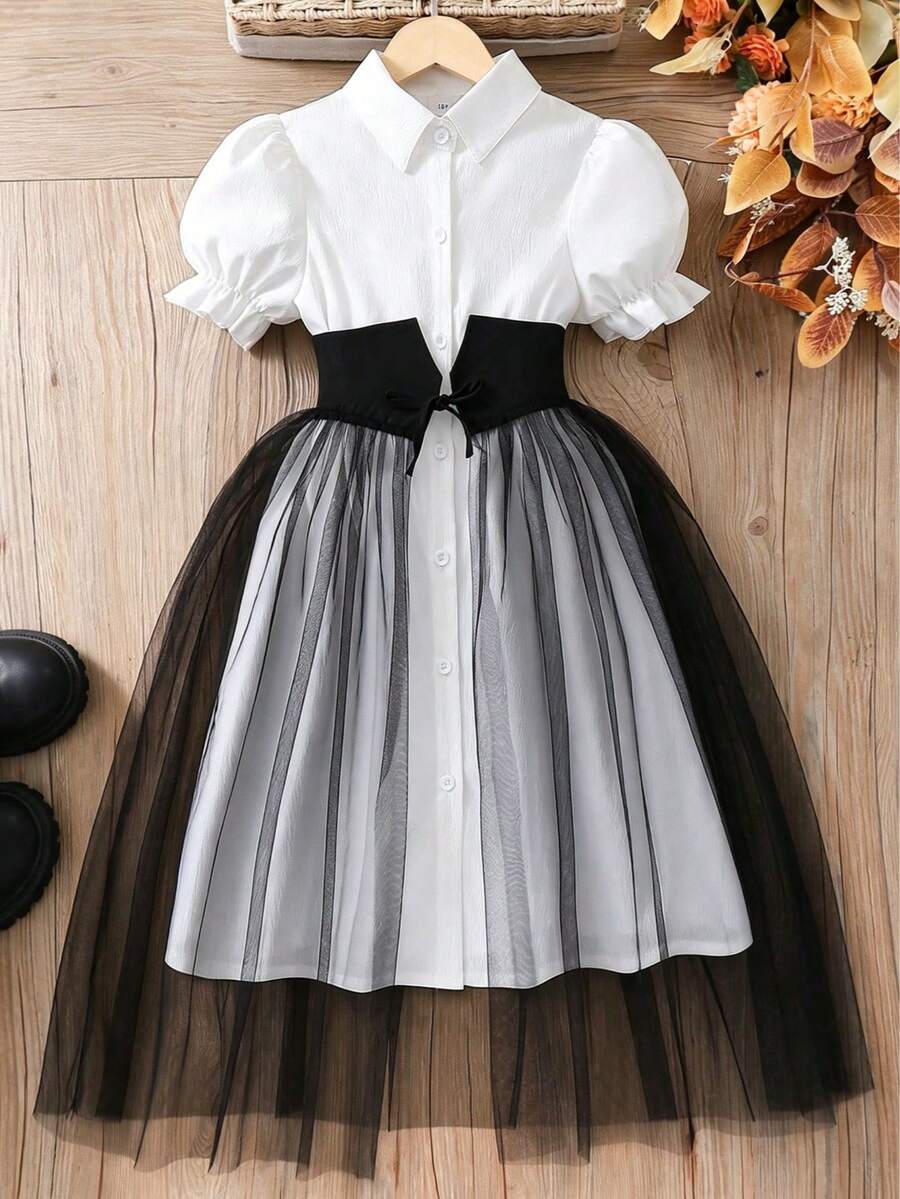 Tween Girl Solid Color Short Sleeve Collared Waist Band Mesh Splice Dress - Black - View 1