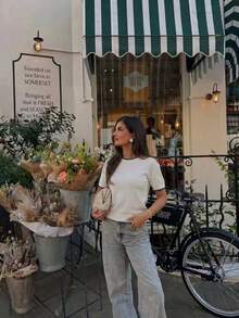Women's Knit Crew Neck Short Sleeve Top, Commuting & Casual Wear, Summer - Off White - View 3