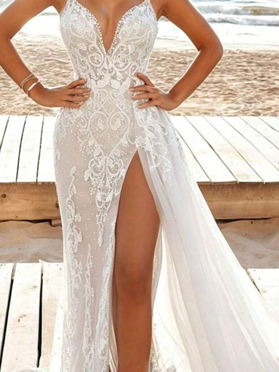 Elegant And Sexy Summer New European And American Women's Clothing Sexy Suspender Dress Sleeveless V-Neck Split Lace Hollow, Long Dress - trắng - Xem 1