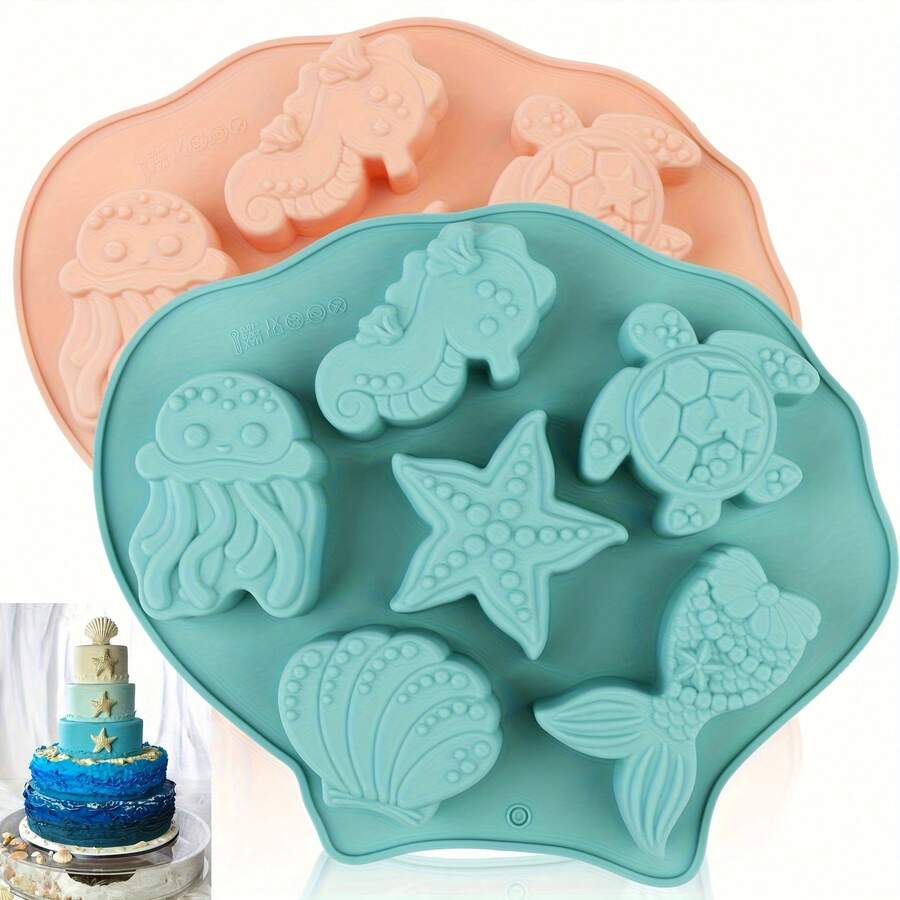 1/2 piezas Moldes de silicona para pasteles de la serie oceánica, moldes de horneado resistentes a altas temperaturas, formas de caballito de mar, tortuga marina, pez marino, concha, estrella de mar, cola de sirena, caracol y otras formas de vida marina, adecuados para hacer pasteles / jabón / gelatina / chocolate / galletas / caramelos / cubitos de hielo, horneado en casa / fiesta / decoración de boda, regalo de cumpleaños / Día de San Valentín / Navidad - Multicolor - View 1