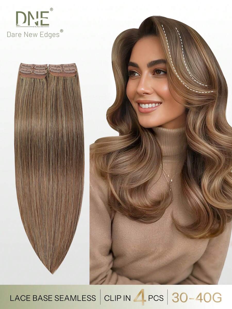 DNE HAIR 4件裝直髮夾式真人髮接片,8夾雙層隱形設計,P4/27# 中棕色與金髮,12-18英吋,耐用防脫落,柔軟厚實質感,適合全頭佩戴,日常穿搭、節日與季節性搭配 - S4/27 - 查看 1