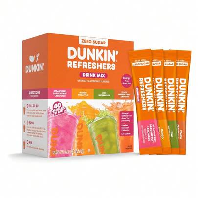 Dunkin’ Zero Sugar Refreshers Singles To Go! Powdered Drink Mix, 40 Ct Variety Pack, Energy From Green Tea, Aspartame-Free, Just Add Water