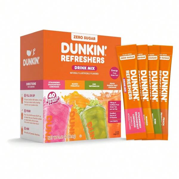 Dunkin’ Zero Sugar Refreshers Singles To Go! Mezcla de Bebida en Polvo, Paquete Variado de 40 Unidades, Energía del Té Verde, Sin Aspartamo, Solo Agregue Agua