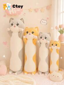 可爱大脸毛绒猫抱枕，柔软蓬松，卡通毛绒玩偶，舒适柔软长款猫抱枕/靠垫，适合作为送给孩子、女朋友、节日、情人节的礼物 - 彩色 - 查看 1