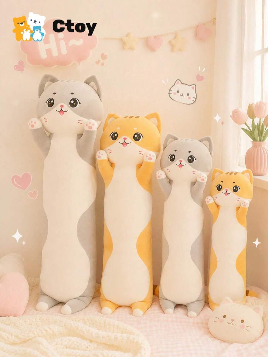 可爱大脸毛绒猫抱枕，柔软蓬松，卡通毛绒玩偶，舒适柔软长款猫抱枕/靠垫，适合作为送给孩子、女朋友、节日、情人节的礼物 - 彩色 - 查看 1
