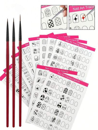 13/10/3pcs Reusable Nail Art Practice Paper Set, Including Nail Art Tracing Hand-Drawn Cards, Nail Art Display Cards, Nail Art Training Cards, Perfect For Beginners, Can Improve Nail Technician's Professional Level, Comes With Nail Art Painting Pen And Nail Art Practice Tool Set
