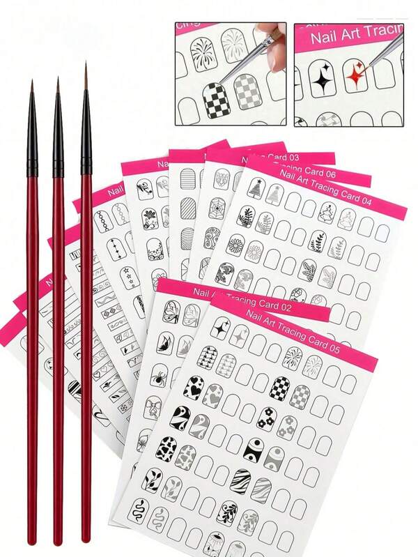 Juego de 13/10/3 piezas de papel reutilizable para práctica de arte de uñas, incluye tarjetas de dibujo a mano para calcar arte de uñas, tarjetas de exhibición de arte de uñas, tarjetas de entrenamiento de arte de uñas, perfecto para principiantes, puede mejorar el nivel profesional del técnico de uñas, viene con bolígrafo de pintura de arte de uñas y juego de herramientas de práctica de arte de uñas