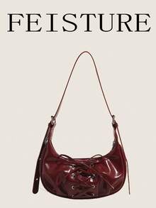 1pc FEISTURE Solid Color PU Bowknot Crescent Moon Shoulder Bag With Adjustable Strap, Suitable For Girls, Women, College Students, Office Ladies And Professionals, Great For Work, Business, Commute, School - Red - View 3