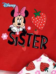 Baby Girls T-Shirt Set, Summer Disney Korean Sweet Style Regular Fit Round Neck Bright Red Strawberry Minnie Mouse Print T-Shirt + White Strawberry Floral All-Over Print Shorts Set, Casual Daily Outing Vacation Party Outfit, Suitable For Girls Under 3 Years Old - Red - View 4