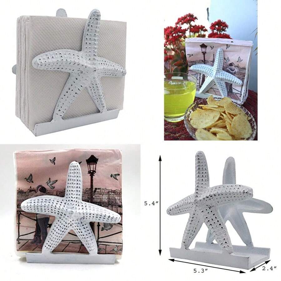 Nautical Starfish - Servilletero/cena/servilleta de metal servilleta de cocina cóctel de bebidas océano/costero por The Metal Magician blanco envejecido - Blanco gastado - Ver 1