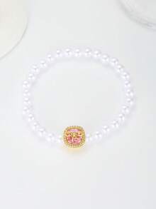 1pc Pure Tender Faux Pearl Beaded Bracelet Square Rhinestone Bow Charm For Girls Dreamy Accessories For Family Dinner And Ballet Dance Class - White - View 8