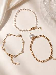 3pcs/Set Korean Style Gentle Pearl Heart Anklet For Women, Summer Beach Outfit Accessory - Gold - View 4