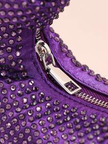 Mini Hobo Bag In A Crescent Shape, Fully Covered In Rhinestones, Integrated Circular Handle With Bow, Zipper, Various Colors, Women's Party, Wedding, Birthday Gift - 紫羅蘭色 - 查看 4