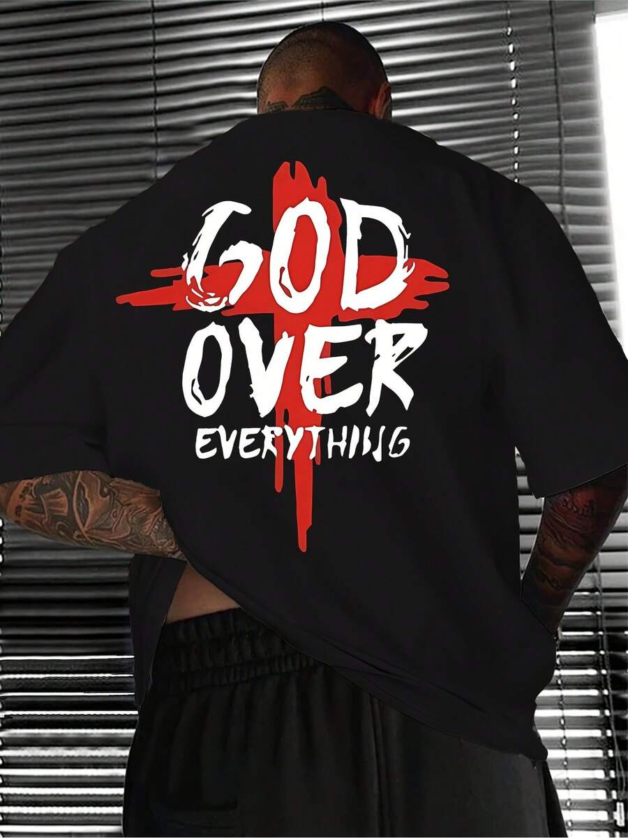 Camiseta casual de verano para hombre de manga corta - estampado God is in Control, tela ligera y transpirable, corte regular con cuello redondo, adecuada para uso casual, camiseta de cort - Negro - Ver 1