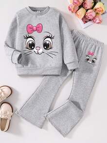 Young Girl Cartoon Print Round Neck Sweatshirt And Flared Pants - Grey - View 1