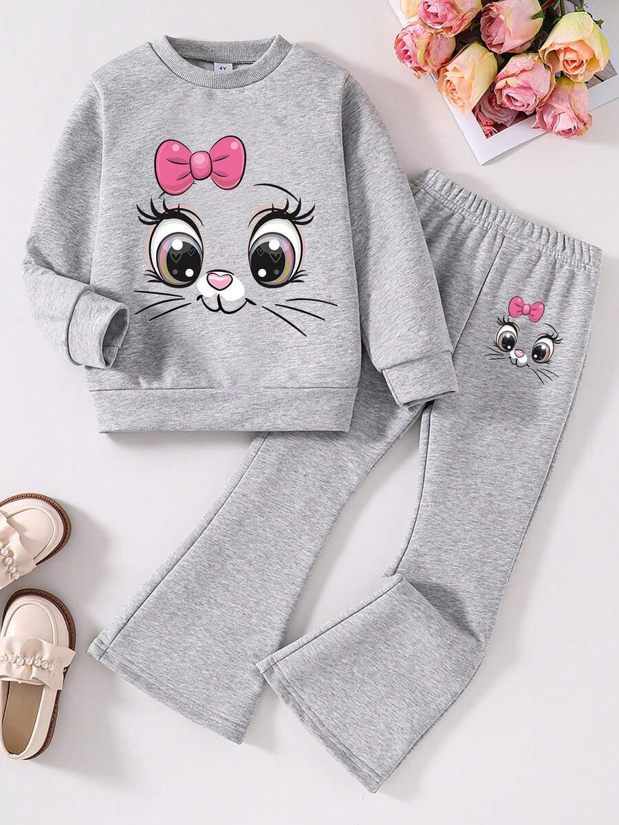 Young Girl Cartoon Print Round Neck Sweatshirt And Flared Pants - Grey - View 1
