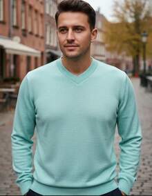 Men's Cold Weather Blouse | Men's Knitted Sweater | Winter Knitted Wool Pullover Long Sleeve V-Neck - 青綠色 - 查看 1