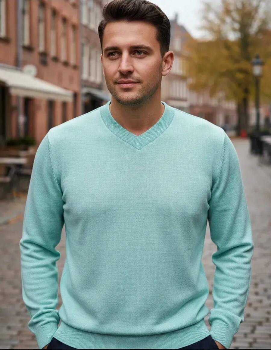 Men's Cold Weather Blouse | Men's Knitted Sweater | Winter Knitted Wool Pullover Long Sleeve V-Neck - 青綠色 - 查看 1