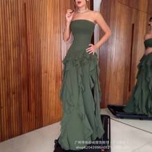2026 European And American Summer Slim-Fit Sexy Strapless Dress With Ruffled Hem And Side Slit, Elegant Evening Gown - màu xanh lá - Xem 1