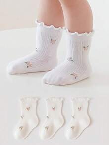 3 Pairs Children's Ruffle Flower Trim Calf Socks, Mesh Breathable Ribbed Baby Socks, Elegant Little Princess Socks - Multicolor - View 11