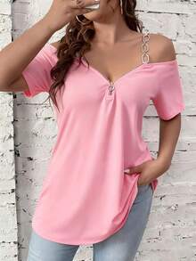 Top de hombros caídos liso de talla grande para mujer - Azul lavado medio - Ver 2