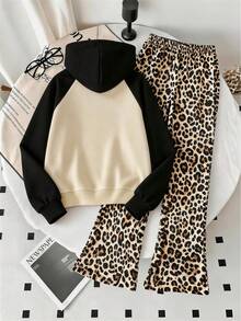 2pcs Set Tween Girls Hooded Sweatshirt & Leopard Print Flared Pants, Leopard Print "67" Pattern Hooded Sweatshirt + Leopard Print Flared Pants Set, Suitable For Autumn/Winter Daily Wear - Multicolor - View 3
