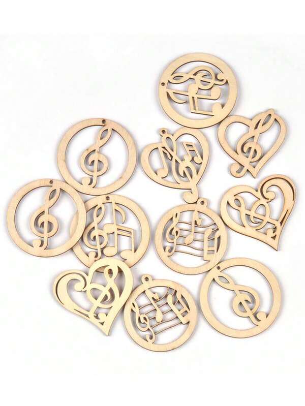 20pcs 5/8cm Approx. Natural Wood Color Round Heart & Music Note Shaped Wooden Chips With Holes, Unfinished Blank Wooden Pieces For Scrapbooking, DIY Crafts And Decorative Hanging Ornaments