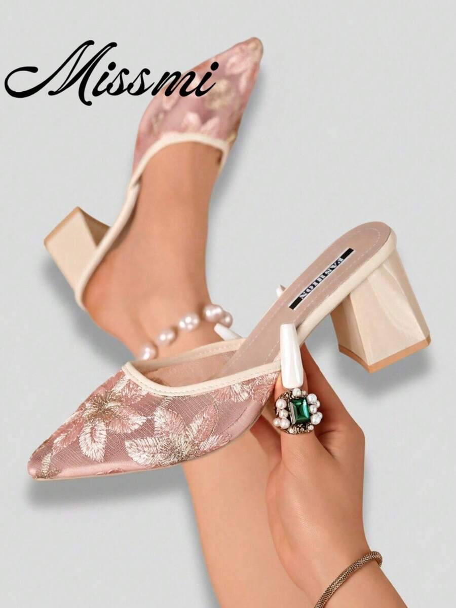 New Chinese Style White High Heel Mules, Pointed Toe Lace Embroidery Convertible Sandals For Women,Summer Shoes,Mothers Day Gift - Pink - View 1