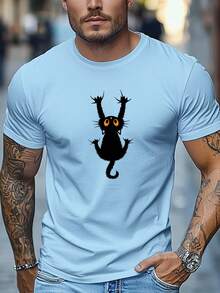 Camiseta Casual para Hombre con Estampado de Gato de Dibujos Animados |   Cuello Redondo, Tela Ligeramente Elástica, Corte Regular, Temporada de Verano - Blanco - Ver 9