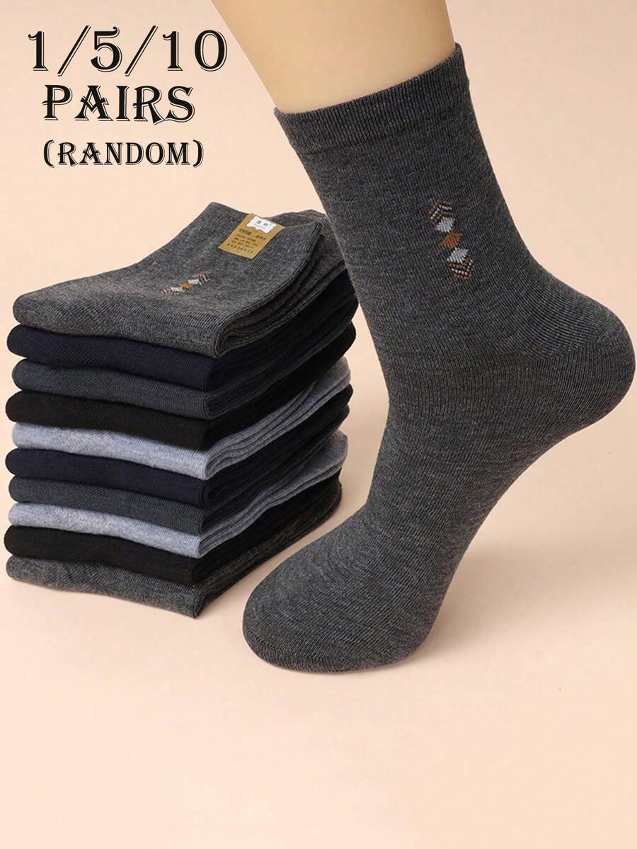 1/5/10 pares (mezcla aleatoria) de calcetines de media pantorrilla para hombre, de unicolor & estampado, suaves, amigables con la piel, cómodos, clásicos, casuales, de negocios, versátiles, adecuados para el uso diario en el trayecto al trabajo
