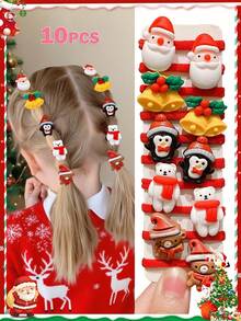 10pcs Multi-Color Fashionable Fun Santa Claus, Christmas Tree, Snowman, Penguin, Christmas Stocking Design Christmas Hair Ties, Suitable As Christmas Party Gifts For Cute Girls - Multicolor - View 2