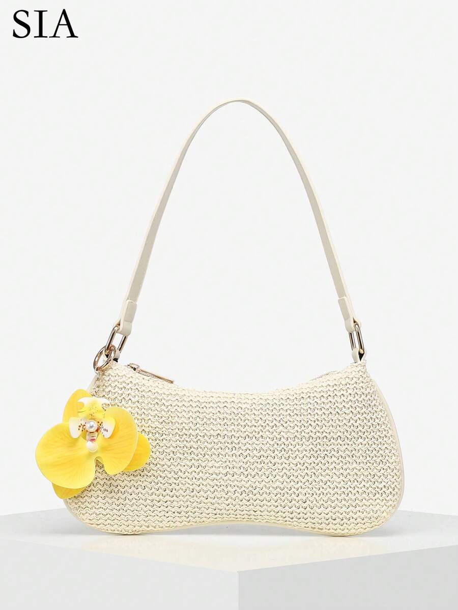 1 pieza Bolso de hombro tipo baguette para mujer, estilo vintage de vacaciones, con colgante tejido de cola de piel sintética, perlas falsas, flores de cerezo y cuentas de vida marina, adecuado para citas, salidas y vacaciones - Albaricoque - Ver 1