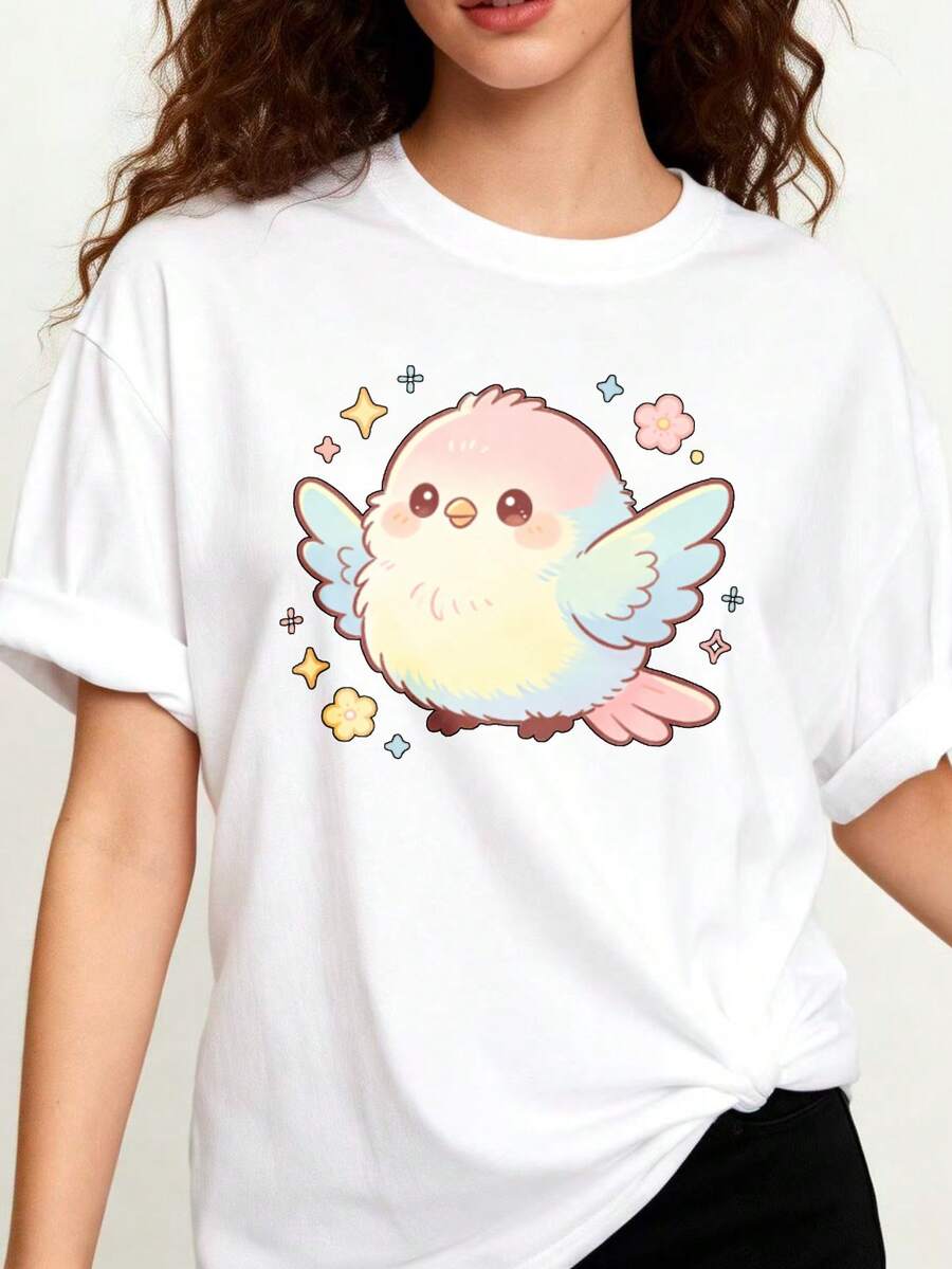 Camiseta de cuello redondo para mujer, de talla grande, holgada y 100% algodón, con un lindo estampado de aves, que presenta suaves y coloridos dibujos de pollitos, estrellas y flores, perfe - Blanco - Ver 1