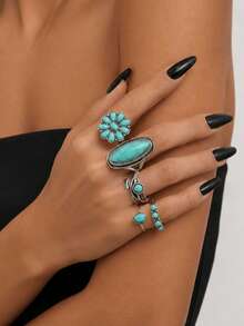 5pcs/Set Western Cowboy Vintage Turquoise Flower Antique Silver Texas Map Pattern Bull Head Cactus Sunflower Arrow Open Ring Set For Women Vacation - Antique Silver - View 8