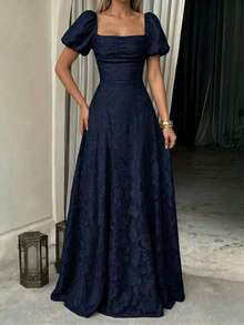 Unadoll 女款秋季深藍色提花長洋裝，交叉綁帶露背禮服，適合返校季、婚禮、約會之夜 - 藏蓝色 - 查看 1