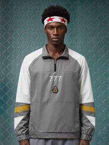 EVRINFINITE Men's Color Block Half Zip Jacket, Numeral & Graphic, Drawstring Hem, Daily/Sports/Festivals, Gift For Boyfriend - Grey - View 1